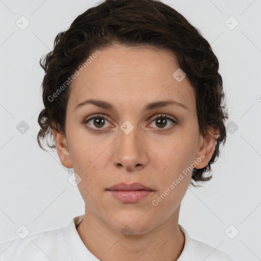 Neutral white young-adult female with short  brown hair and brown eyes