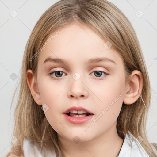 Neutral white child female with medium  brown hair and grey eyes