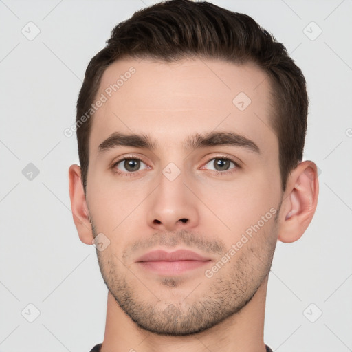 Neutral white young-adult male with short  brown hair and brown eyes