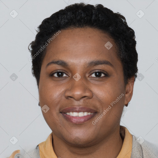 Joyful black young-adult female with short  brown hair and brown eyes