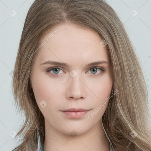 Neutral white young-adult female with long  brown hair and blue eyes