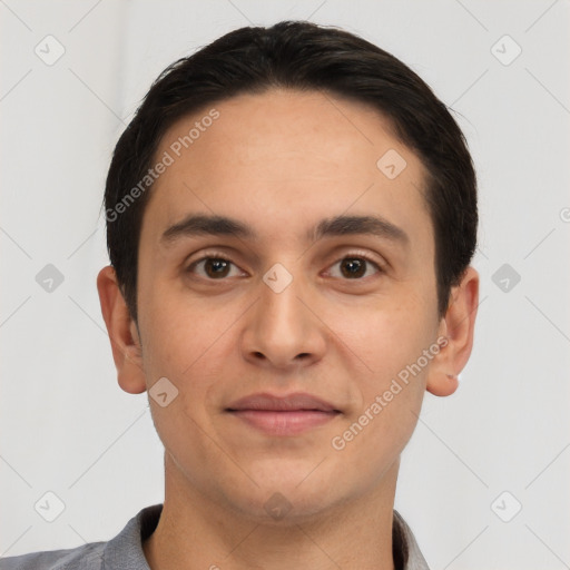 Joyful white young-adult male with short  brown hair and brown eyes