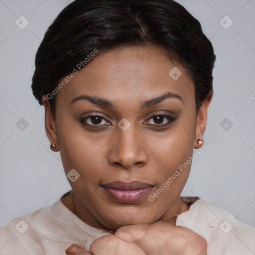 Joyful asian young-adult female with short  brown hair and brown eyes