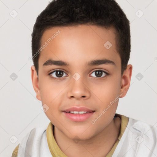 Joyful white child male with short  brown hair and brown eyes