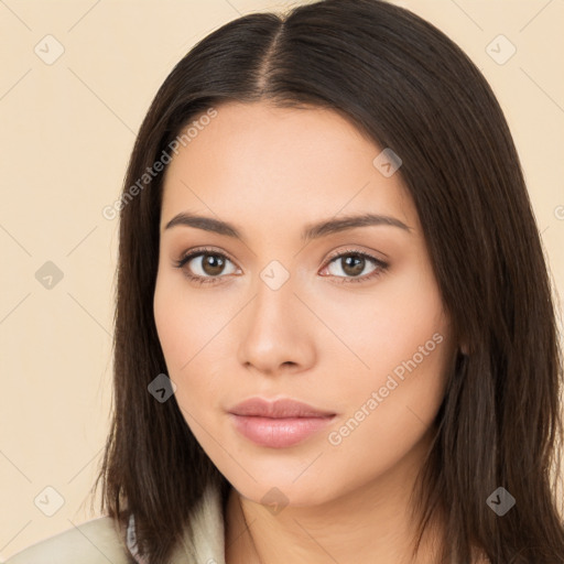 Neutral white young-adult female with long  brown hair and brown eyes