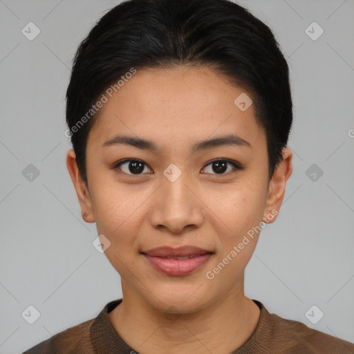 Joyful asian young-adult female with short  brown hair and brown eyes
