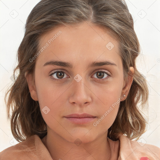 Neutral white young-adult female with medium  brown hair and brown eyes