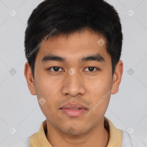 Neutral asian young-adult male with short  brown hair and brown eyes