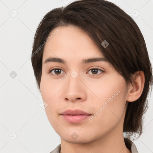 Neutral white young-adult female with medium  brown hair and brown eyes