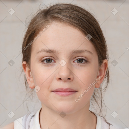 Joyful white child female with medium  brown hair and brown eyes