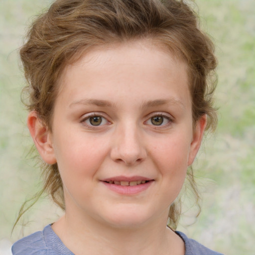 Joyful white child female with medium  brown hair and blue eyes