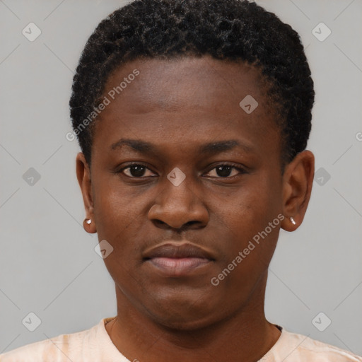 Neutral black young-adult female with short  black hair and brown eyes