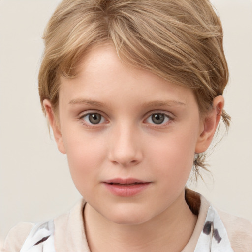 Neutral white child female with medium  brown hair and grey eyes