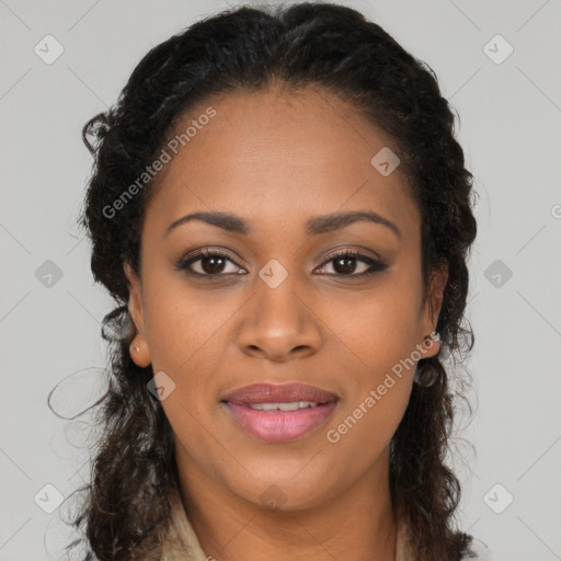 Joyful black young-adult female with long  brown hair and brown eyes