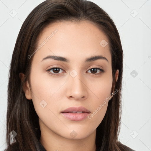 Neutral white young-adult female with long  brown hair and brown eyes