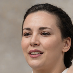 Joyful white adult female with medium  brown hair and brown eyes