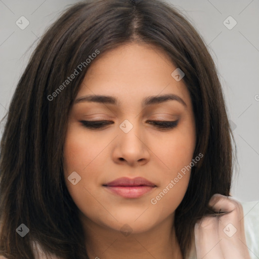 Joyful asian young-adult female with long  brown hair and brown eyes