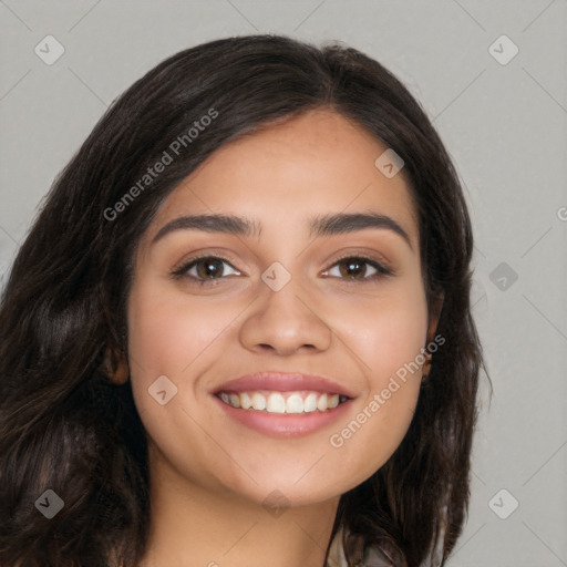 Joyful white young-adult female with long  black hair and brown eyes