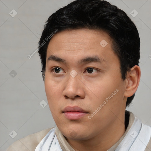 Neutral white young-adult male with short  black hair and brown eyes