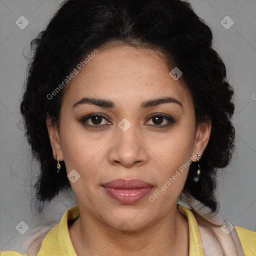 Joyful latino young-adult female with medium  black hair and brown eyes