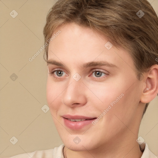 Joyful white young-adult female with short  brown hair and brown eyes