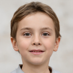 Joyful white child female with short  brown hair and grey eyes