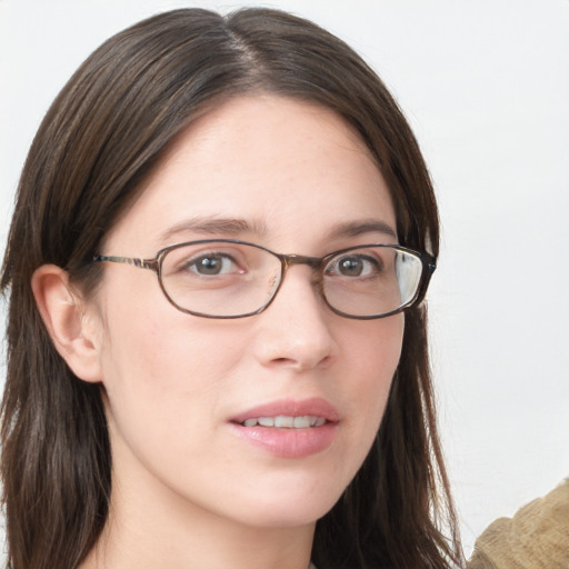 Neutral white young-adult female with long  brown hair and blue eyes