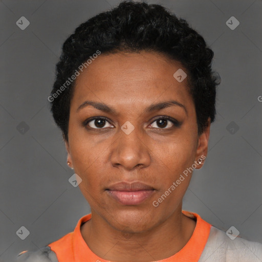 Neutral black young-adult female with short  black hair and brown eyes