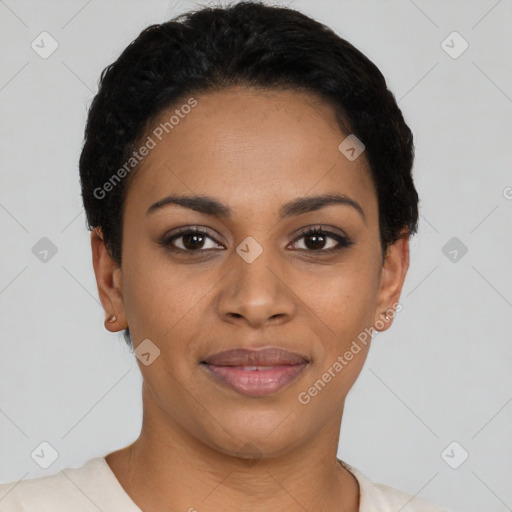 Joyful latino young-adult female with short  black hair and brown eyes