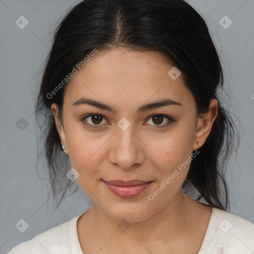 Joyful latino young-adult female with medium  brown hair and brown eyes