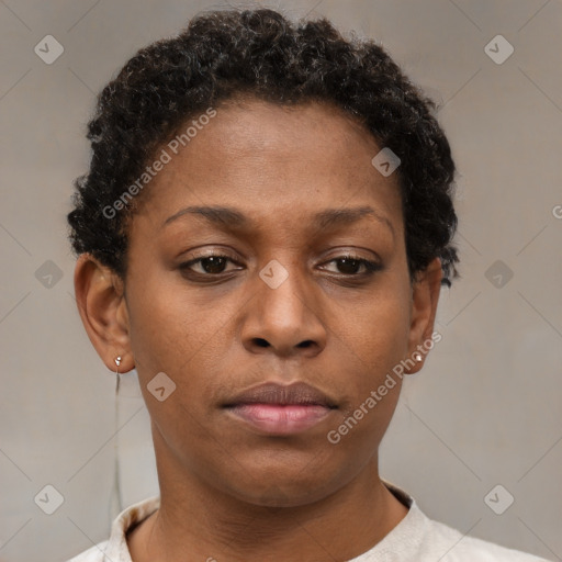 Neutral black young-adult female with short  brown hair and brown eyes