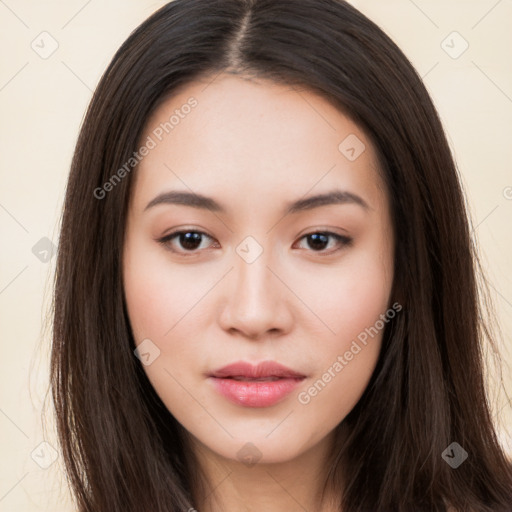 Neutral white young-adult female with long  brown hair and brown eyes