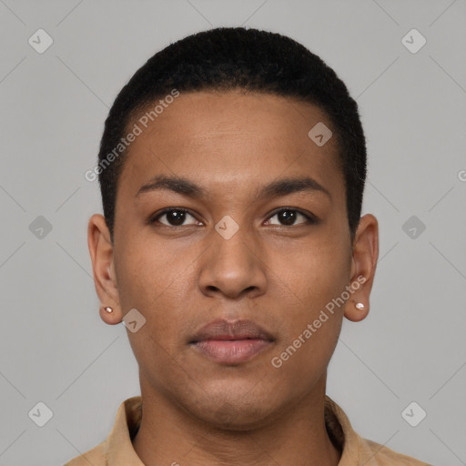 Neutral latino young-adult male with short  black hair and brown eyes