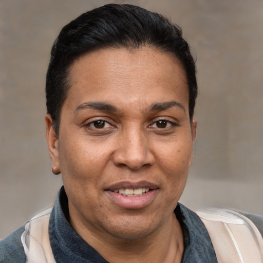 Joyful white adult female with short  black hair and brown eyes