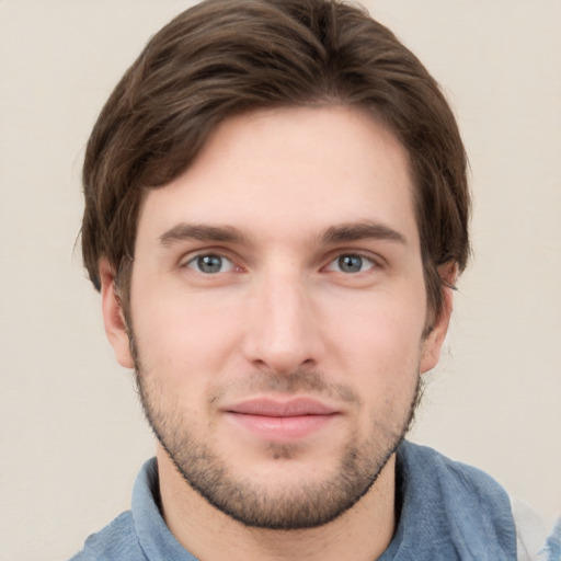 Neutral white young-adult male with short  brown hair and grey eyes