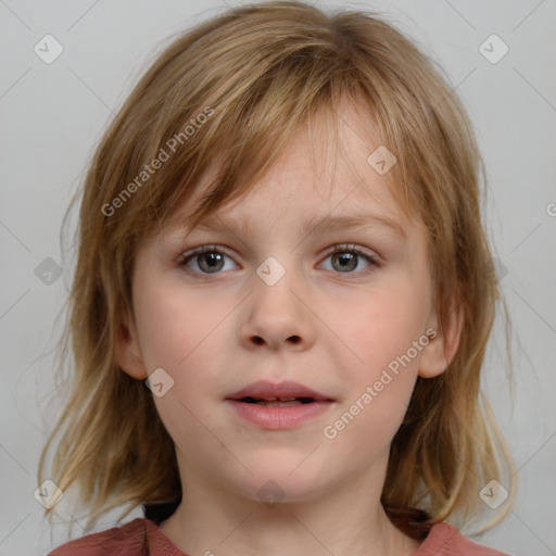 Neutral white child female with medium  brown hair and blue eyes