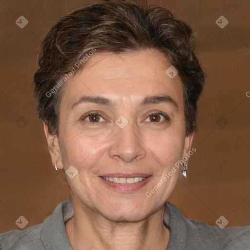 Joyful white adult female with short  brown hair and brown eyes