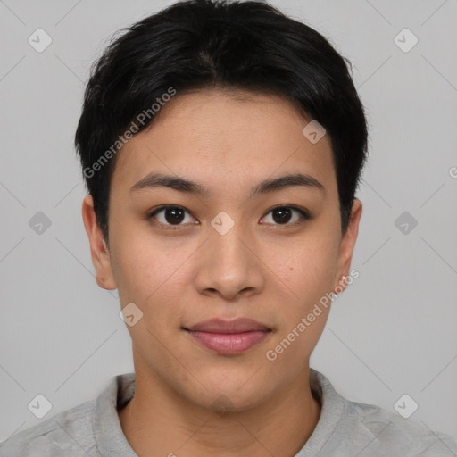 Joyful asian young-adult female with short  black hair and brown eyes