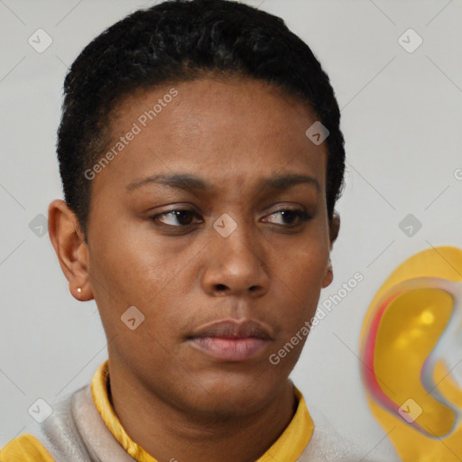Neutral black young-adult female with short  brown hair and brown eyes