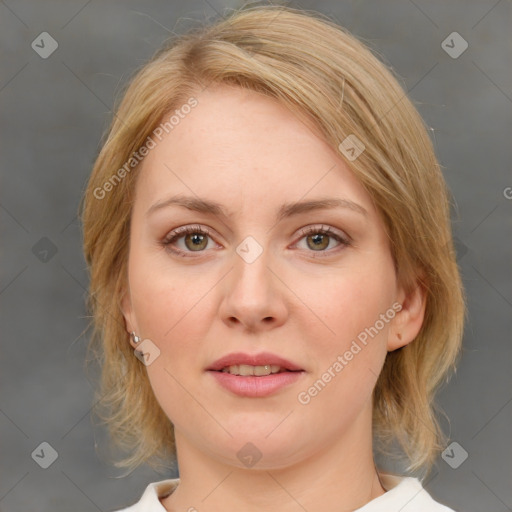 Joyful white young-adult female with medium  brown hair and blue eyes