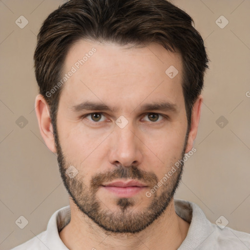 Neutral white young-adult male with short  brown hair and brown eyes