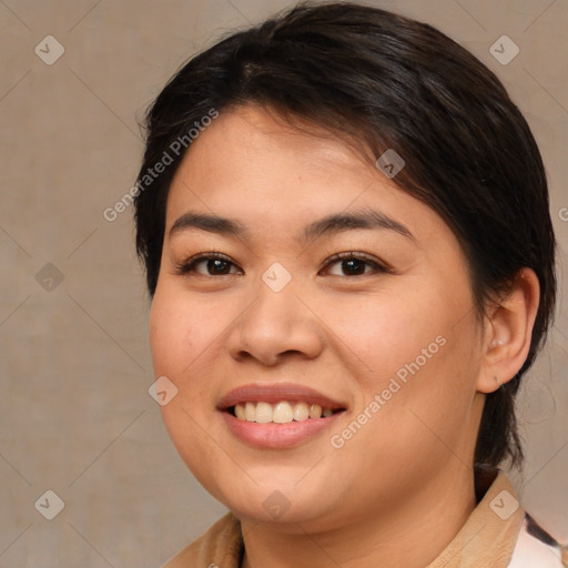 Joyful white young-adult female with medium  brown hair and brown eyes