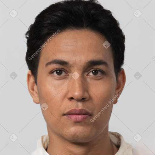 Joyful latino young-adult male with short  brown hair and brown eyes