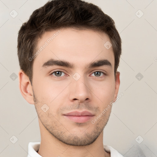 Neutral white young-adult male with short  brown hair and brown eyes