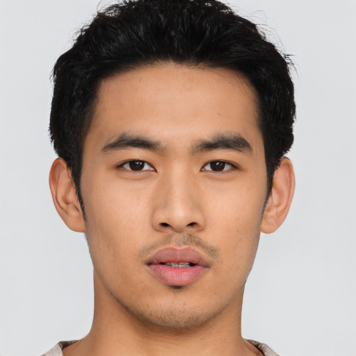 Neutral asian young-adult male with short  black hair and brown eyes