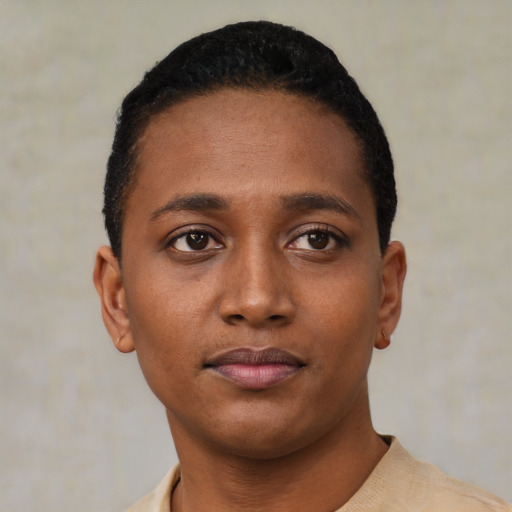 Neutral black young-adult male with short  black hair and brown eyes