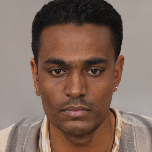 Neutral latino young-adult male with short  black hair and brown eyes