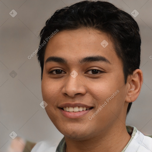 Joyful latino young-adult female with short  brown hair and brown eyes