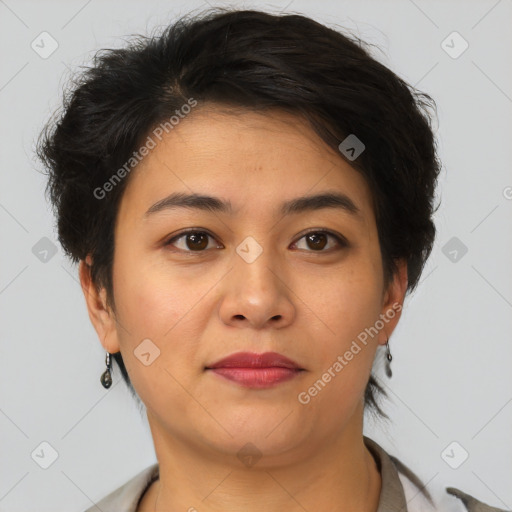 Joyful asian young-adult female with short  brown hair and brown eyes