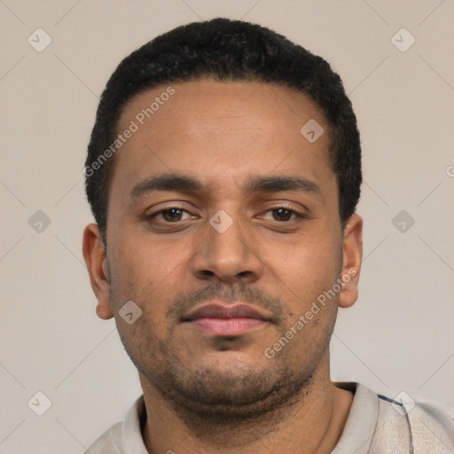 Neutral latino young-adult male with short  black hair and brown eyes